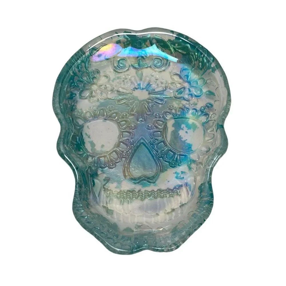 Two Glass Skull Iridescent Plates Pink and Blue Decor Dish - Picture 3 of 7